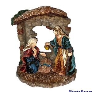Nativity Scene Holy Family Sculpture with Stable Colored Resin Christmas Decor
